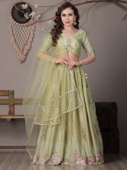 Ethnovog - Green Chinon Semi-Stitched Lehenga with Unstitched Blouse and Dupatta (Set of 3)