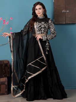 Ethnovog - Black Rangoli Silk Semi-Stitched Lehenga with Unstitched Blouse and Dupatta (Set of 3)