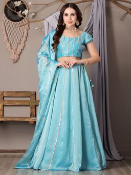 Ethnovog - Blue Semi-Stitched Lehenga with Unstitched Blouse and Dupatta (Set of 3)