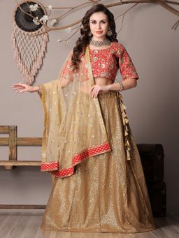Ethnovog - Red N Gold Sequins Semi-Stitched Lehenga with Unstitched Blouse and Dupatta (Set of 3)
