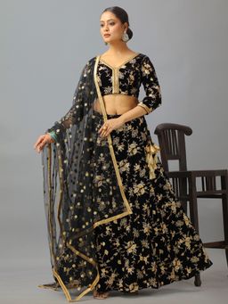 Ethnovog - Black Velvet Semi-Stitched Lehenga with Unstitched Blouse and Dupatta (Set of 3)