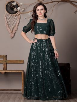 Ethnovog - Green Georgette Semi-Stitched Lehenga with Unstitched Blouse and Dupatta (Set of 3)