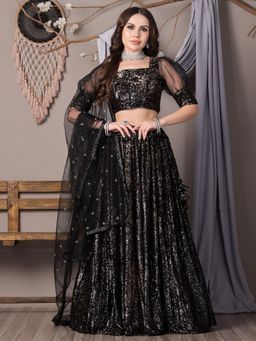 Ethnovog - Black Semi-Stitched Lehenga with Unstitched Blouse and Dupatta (Set of 3)