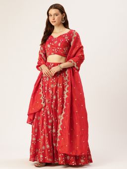 Ethnovog - Blouse Red Viscose Semi-Stitched Lehenga with Unstitched Blouse and Dupatta (Set of 3)