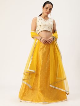 Ethnovog - Off White Cotton Semi-Stitched Lehenga with Unstitched Blouse and Dupatta (Set of 3)