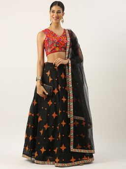 Ethnovog - Red N Black Cotton Semi-Stitched Lehenga with Unstitched Blouse and Dupatta (Set of 3)
