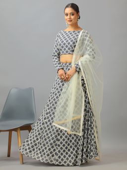 Ethnovog - Grey Georgette Semi-Stitched Lehenga with Unstitched Blouse and Dupatta (Set of 3)