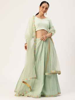 Ethnovog - Green Semi-Stitched Lehenga with Unstitched Blouse and Dupatta (Set of 3)