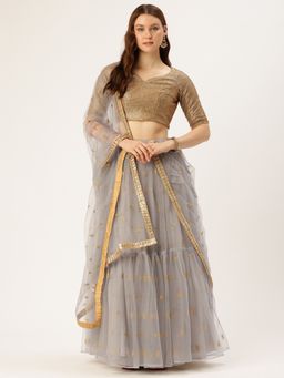 Ethnovog - Blouse Grey Net Semi-Stitched Lehenga with Unstitched Blouse and Dupatta (Set of 3)