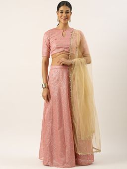 Ethnovog - Pink Organza Kali Semi-Stitched Lehenga with Unstitched Blouse and Dupatta (Set of 3)