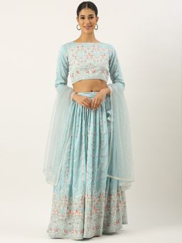 Ethnovog - Blue Art Silk Semi-Stitched Lehenga with Unstitched Blouse and Dupatta (Set of 3)