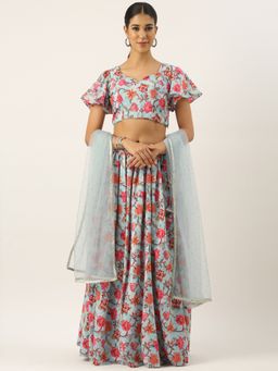 Ethnovog - Sky Blue Art Silk Semi-Stitched Lehenga with Unstitched Blouse and Dupatta (Set of 3)