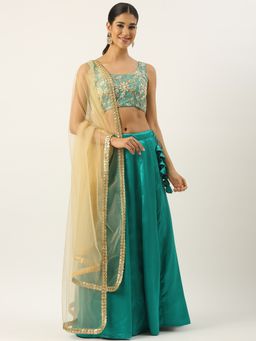 Ethnovog - Beige Net Satin Semi-Stitched Lehenga with Unstitched Blouse and Dupatta (Set of 3)