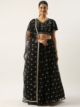 Ethnovog - Black Georgette Semi-Stitched Lehenga with Unstitched Blouse and Dupatta (Set of 3)