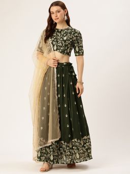 Ethnovog - Green Art Silk Semi-Stitched Lehenga with Unstitched Blouse and Dupatta (Set of 3)