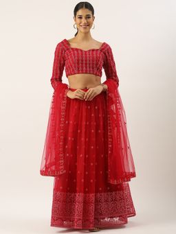 Ethnovog - Red Net Semi-Stitched Lehenga with Unstitched Blouse and Dupatta (Set of 3)