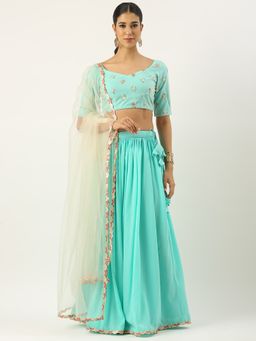 Ethnovog - Green Net Sequins Semi-Stitched Lehenga with Unstitched Blouse and Dupatta (Set of 3)