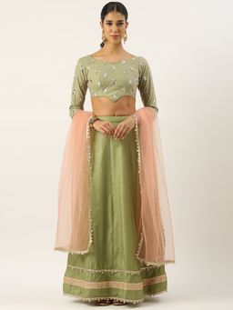 Ethnovog - Green Semi-Stitched Lehenga with Unstitched Blouse and Dupatta (Set of 3)