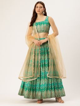 Ethnovog - Green Semi-Stitched Lehenga with Unstitched Blouse and Dupatta (Set of 3)