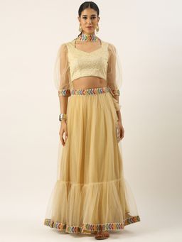 Ethnovog - Beige Semi-Stitched Lehenga with Unstitched Blouse and Dupatta (Set of 3)