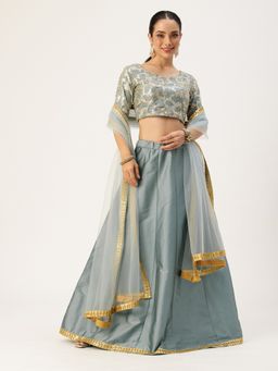 Ethnovog - Blue Net And Semi-Stitched Lehenga with Unstitched Blouse and Dupatta (Set of 3)