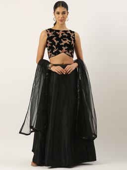 Ethnovog - Black Velvet Semi-Stitched Lehenga with Unstitched Blouse and Dupatta (Set of 3)