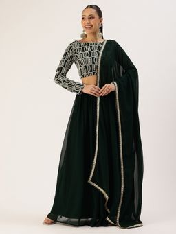 Ethnovog - Green Boat Neck Semi-Stitched Lehenga with Unstitched Blouse and Dupatta (Set of 3)