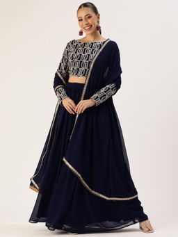 Ethnovog - Blue Boat Neck Semi-Stitched Lehenga with Unstitched Blouse and Dupatta (Set of 3)