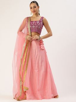 Ethnovog - Pink Georgette Semi-Stitched Lehenga with Unstitched Blouse and Dupatta (Set of 3)