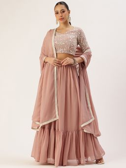Ethnovog - Pink Semi-Stitched Lehenga with Unstitched Blouse and Dupatta (Set of 3)