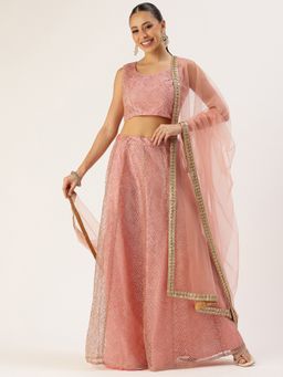 Ethnovog - Pink Net Kali Semi-Stitched Lehenga with Unstitched Blouse and Dupatta (Set of 3)
