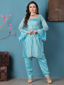 Ethnovog - Turquoise Rangoli Kurta with Pant and Jacket (Set of 3)
