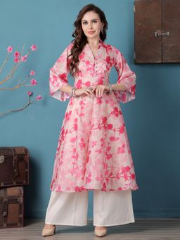 Ethnovog - Pink Crepe Floral Printed Kurta with Palazzo (Set of 2)