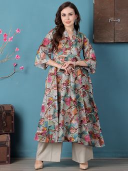 Ethnovog - Multicolored Crepe Floral Printed Kurta with Palazzo (Set of 2)