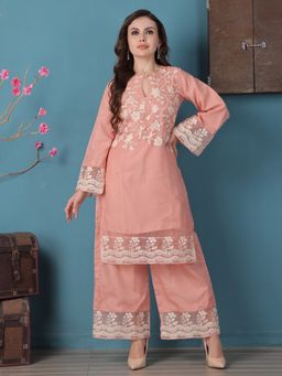 Ethnovog - Peach Embroidered Organza Kurta with Palazzo (Set of 2)