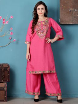 Ethnovog - Pink Art Silk Embroidered Kurta with Palazzos (Set of 2)