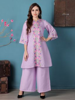 Ethnovog - Lavender Embroidered Art Silk Kurta with Palazzo (Set of 2)