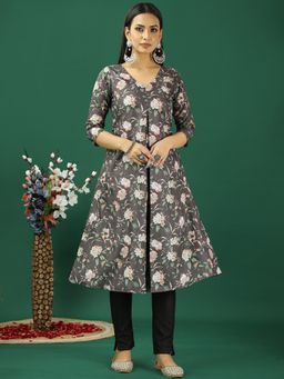 Ethnovog - Grey Printed Cotton Box Pleat Style Kurta with Pant (Set of 2)