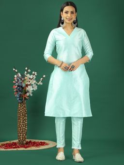 Ethnovog - Green Art Silk Pant Kurta with Pant (Set of 2)
