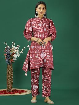Ethnovog - Maroon Printed Kota Silk Kurta Pant (Set of 2)