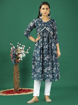Ethnovog - Blue Chinon Printed Gathered Style Kurta with Pant (Set of 2)