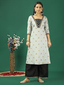 Ethnovog - Grey Rayon Printed N Black Kurta With Palazzo (Set of 2)