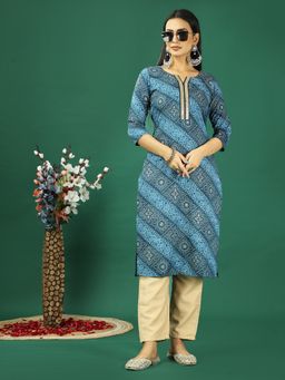 Ethnovog - Blue Print Art Silk Kurta With Pant (Set of 2)