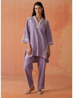 Lakshita - Lavender Embroidered Cotton Linen Co-Ord Set For Women (Set of 2)