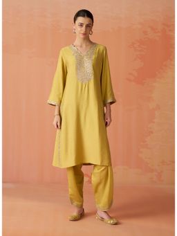 Lakshita - Yellow Embroidered Rayon Long Kurta And Pant (Set of 2)