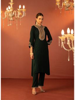 Lakshita - Bottle Green Embroidered Rayon Kurta And Pant (Set of 2)