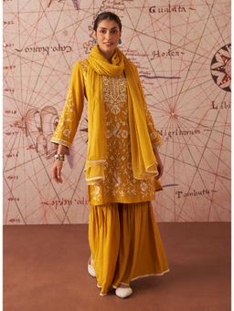 Lakshita - Mustard Embroidered Rayon Kurta With Sharara And Dupatta (Set of 3)