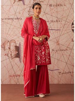 Lakshita - Carmine Red Embroidered Rayon Kurta With Sharara And Dupatta (Set of 3)