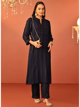 Lakshita - Navy Blue Embroidered Rayon Designer Kurta And Pant (Set of 2)