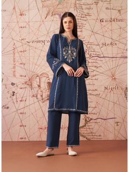 Lakshita - Women Navy Blue Embroidered Rayon Kurta